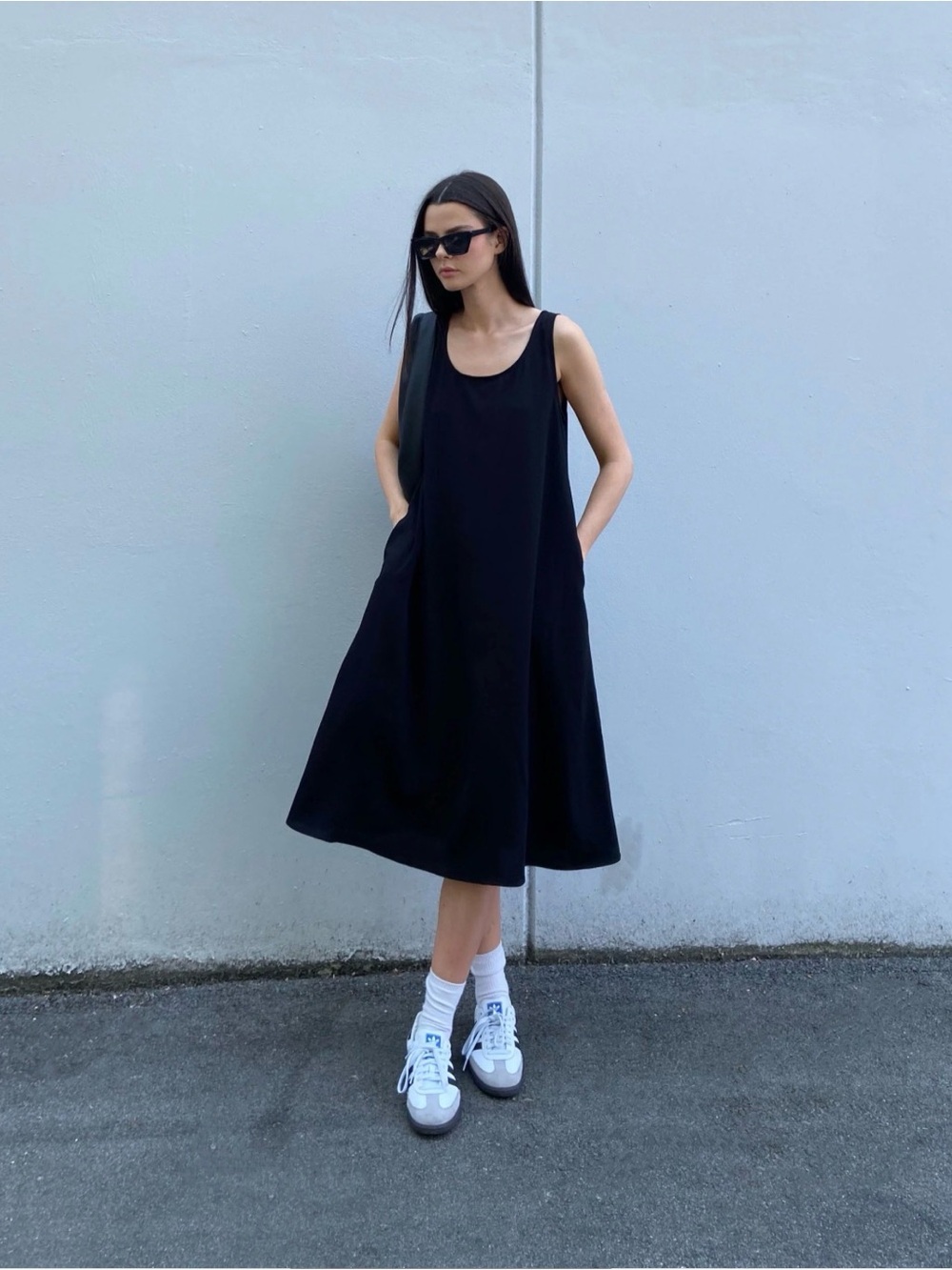 OAK + FORT Black Sleeveless Midi A-Line Dress